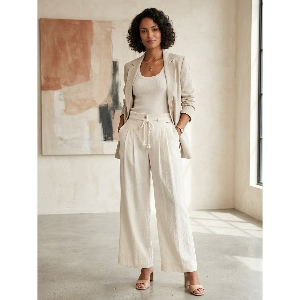 DKNY Tie-Front Wide-Leg Pants Women's 10 Coconut Pleated Button Zip Closure